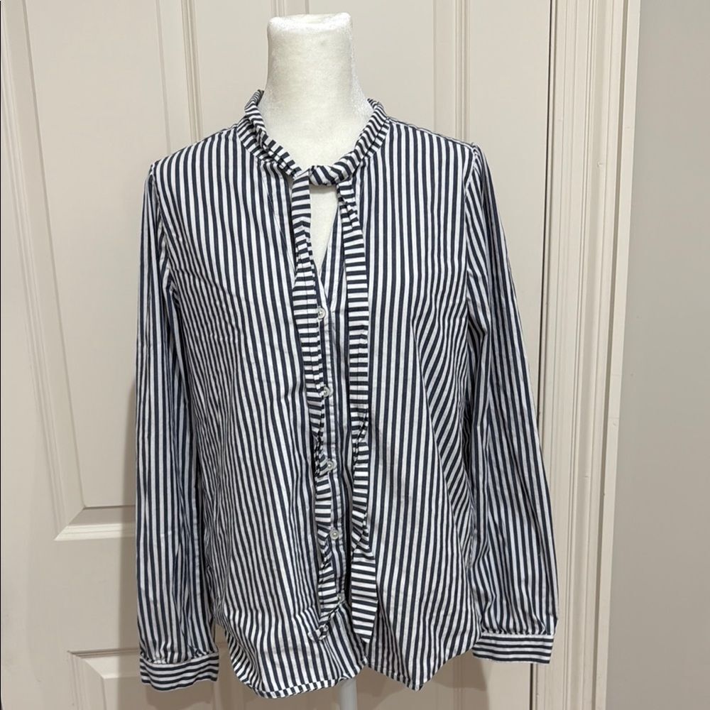J. Crew Striped Blue and White Button Up With Tie Woman’s Poplin Cotton Size M